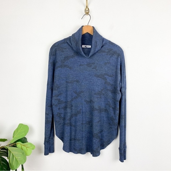 Michael Stars Blue Camo Waffle Knit Cowl Neck Sweater Sz S - Picture 1 of 7